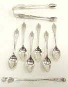 SIX GEORG JENSEN SILVER TEASPOONS, pair of King's pattern silver sugar tongs, and a silver pickle