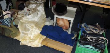 QUANTITY OF LADIES' ACCESSORIES, including vintage wedding dress, hats and a quantity of sewing