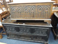 VICTORIAN CARVED OAK MULE CHEST, 62 (h) x 126cms (w), and a Gothic carved oak coffer / blanket