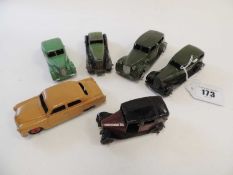 SIX DINKY MOTORCARS, including sedan, taxi, Daimler, etc. (6) Provenance: private collection