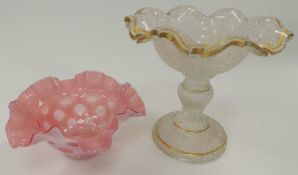VENETIAN STYLE OVERSHOT GLASS TAZZA, also a vaseline-glass bowl (2)