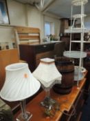 COOPERED BARREL STICK STAND, two decorative glass table lamps, painted cast metal saucepan tower,