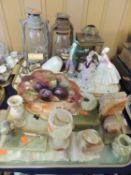 TWO TRAYS OF VARIOUS ORNAMENTS, including onyx ware, Royal Doulton figurine of Diana, two oil lamps,