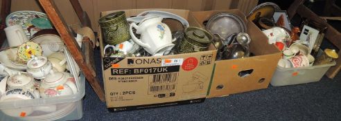 KITCHEN CHINA, METALWARE & HOUSEHOLD ITEMS, four boxes