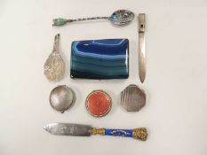 ASSORTED COLLECTABLES, including blue lace agate box, enamelled brass pill box, two white metal pill