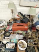 TWO TRAYS OF ORNAMENTS & CURIOS, including boxes and containers, brass lighting, ornamental fans,