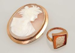 9CT GOLD CAMEO RING, size P, 5.8g, and 9ct gold mounted carved shell cameo brooch, 51 x 42mms,