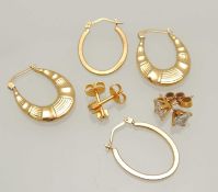TWO PAIRS OF 9CT GOLD HOOP EARRINGS, each 25mms drop, 2.2g, and two pairs of yellow metal stone