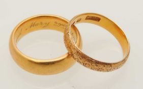 22CT GOLD WEDDING RING, inscribed to the inside and dated 1892, size J/K, 7.7g; and an engraved 18ct