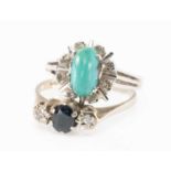 TWO 18CT WHITE GOLD RINGS comprising three stone diamond and sapphire ring and a turquoise and