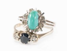TWO 18CT WHITE GOLD RINGS comprising three stone diamond and sapphire ring and a turquoise and