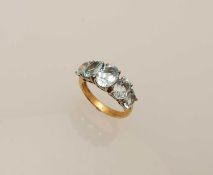 AQUAMARINE FIVE-STONE RING, centre with oval cut stone approx. 8 x 6mms, white metal four-claw