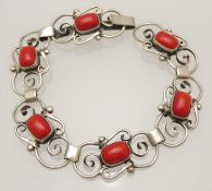 DANISH 830 STANDARD SILVER & RED HARDSTONE BRACELET, by F. Hansen, Copenhagen, c. 1893-1937, stamped
