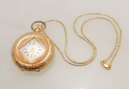 CONTINENTAL 14CT GOLD LADIES' FOB WATCH, finely engraved foliate case, white opaque glass dial,