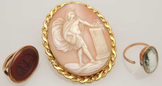 VICTORIAN CARVED SHELL CAMEO BROOCH, with pinchbeck frame, 62 x 50mms; late George III carnelian