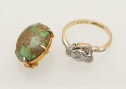 DIAMOND THREE-STONE RING, small brilliants illusion set in 18ct gold cross over mount, size M, 2.7g;