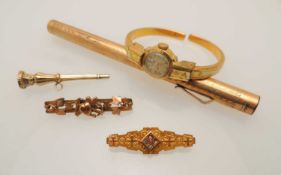 LATE VICTORIAN 9CT GOLD GEM SET BROOCH (stones deficient) and 9ct gold bar brooch, both with steel