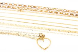 GROUP OF YELLOW METAL JEWELLERY comprising 9ct gold heart pendant on 9ct gold chain, three further