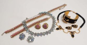 TWO VINTAGE TRIFARI COSTUME JEWELLERY SETS, necklace and clip earring set, adorned with sparkling