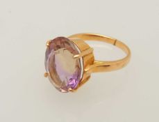 18CT GOLD GEM SET SOLITAIRE DRESS RING, oval cut stone 14 x 11mms, possibly rainbow topaz, size M,