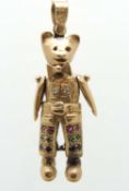 9CT GOLD GEM SET ARTICULATED TEDDY BEAR PENDANT, 46mms, 10.7g Provenance: private collection