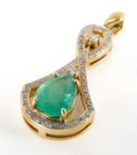 18CT GOLD EMERALD & DIAMOND PENDANT, set with pear shaped Columbian emerald approx. 12 x 8mm, in