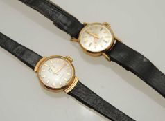 VINTAGE LADIES' 9CT GOLD CASED EXCALIBUR WRISTWATCH, 16mms (diam.), on leather strap; and Majex