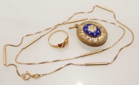 9CT GOLD BOX & BAR LINK NECKLACE, 51cms (l), 5.6g, supporting a blue enamelled gold-plated oval