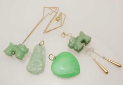 CHINESE CARVED JADEITE PENDANT, featuring Guanyin, 35mms; jadeite heart shaped pendant, 32 x