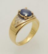 14CT GOLD STAR SAPPHIRE & DIAMOND DRESS RING, claw mounted cabochon stone approx. 9 x 7mms,