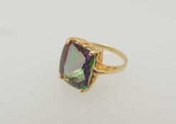 14CT GOLD RAINBOW TOPAZ DRESS RING, cushion-cut stone approx. 14 x 11mms, size N, 5.9g Provenance: