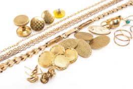 PARCEL OF YELLOW METAL JEWELLERY cufflinks, chains, earrings, watch bracelet, ETC Provenance: