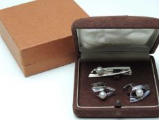MIKIMOTO SILVER AND CULTURED PEARL CUFFLINK AND TIEPIN SET, in original box with outer card box