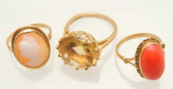 18CT GOLD CAMEO RING, size K, 2.1g, along with 18ct gold coral ring, size J, 2.6g, and 9ct gold