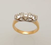 DIAMOND THREE-STONE RING, round brilliants totalling approx. 0.75ct, 18ct white gold claw mounts and