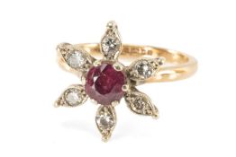 9CT GOLD RUBY & DIAMOND FLOWERHEAD RING, diamonds in millegrain settings, 3.2g Provenance: private