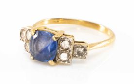 18CT GOLD SAPPHIRE & DIAMOND RING, Art Deco style, the central claw set sapphire (7 x 7mms