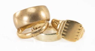 FOUR 9CT GOLD RINGS, including three wedding bands (one white gold example) and a signet ring, total