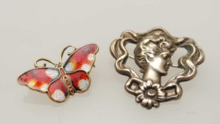 DAVID ANDERSEN ENAMELLED SILVER GILT BUTTERFLY BROOCH, 25mms, and sterling silver Art Nouveau