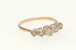 DIAMOND FIVE STONE RING, set with old round cut diamonds, centred with a stone of approx. 0.5ct,