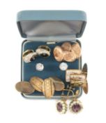ASSORTED JEWELLERY, including pair 9ct gold cufflinks, 2 further plated pairs, 2 pairs costume dress