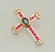 14CT GOLD RUBY, SAPPHIRE & DIAMOND CROSS PENDANT, 28 x 20mms, 2.8g Provenance: private collection