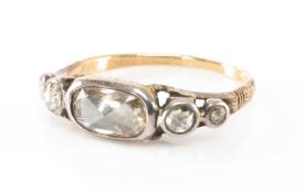 ANTIQUE YELLOW METAL FIVE STONE DIAMOND RING, rose cut, enclosed backs, ring size P, 2.8gms in
