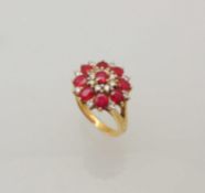 RUBY & DIAMOND FLOWER HEAD CLUSTER RING, marquise cut rubies dispersed with tiny round cut diamonds,