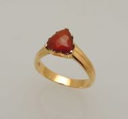 GENT'S 18CT GOLD FIRE OPAL RING, tri-form cut stone, 9 x 9mms, claw mounted, marked 18k, side Y,