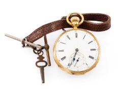 19TH C. 18K SWISS GOLD KEY-WIND POCKET WATCH, c. 1880, white enamel dial with black Roman and Arabic