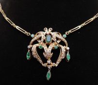 EMERALD & DIAMOND PENDANT NECKLACE, in unmarked yellow gold, openwork pendant centred with an oval