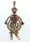 9CT GOLD GEM SET ARTICULATED CLOWN PENDANT, 60mms, 15.8g Provenance: private collection Cheshire