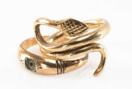 TWO YELLOW METAL RINGS, one of snake design, 6.6gms gross (2) Provenance: private collection