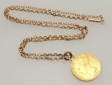 QUEEN VICTORIA SOVEREIGN, 1857, mounted as a pendant on a 9ct gold belcher chain necklace, 54cms (